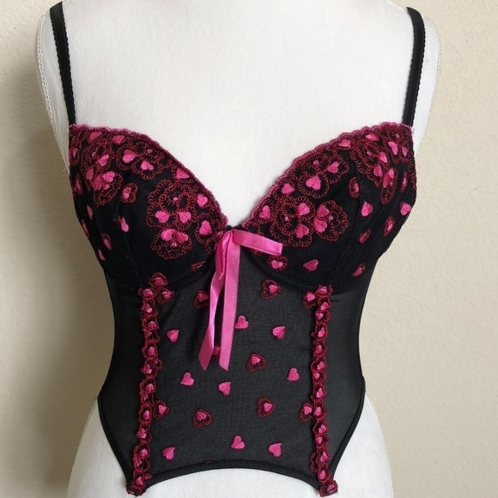 Corset Top Black with Pink Embroidered Hearts & Lace  Small